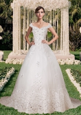 Off the Shoulder Lace Appliques Wedding Dress with Beading