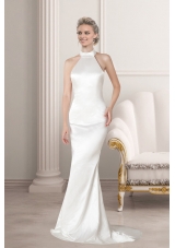 Perfect Column Halter Ivory Wedding Dress with Brush Train