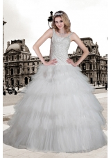Popular Ball Gown Scoop Brush Train Beading Wedding Dress