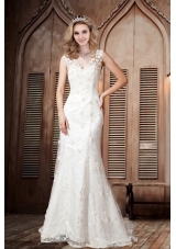 Sexy Lace Column V Neck Wedding Dresses with Brush Train