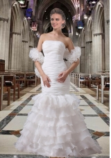 Sexy White Mermaid Brush Train Wedding Dresses with Ruffles Layers
