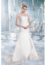 2015 Elegant A Line Strapless Brush Train Lace Wedding Dresses