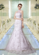 2015 Mermaid Halter Wedding Dresses with Brush Train