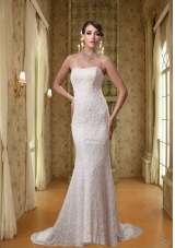 2015 White Strapless Mermaid Lace Wedding Dress with Brush Train