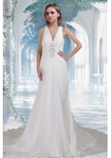 Beach Column V Neck Chapel Train Beading Wedding Dresses