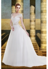 Cap Sleeves A Line V Neck Beading Court Train Wedding Dress for 2014