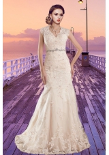 Champagne Mermaid V Neck Lace Beading Cap Sleeves Wedding Dress