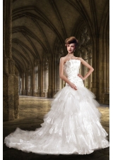 Decent A Line Strapless Appliques Wedding Dress with Chapel Train