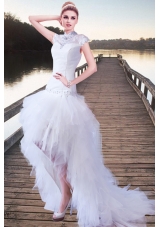 Fashionable A Line High Neck Beading Wedding Dress with High Low