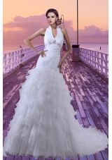 Mermaid Halter Beading and Ruffled Layers Court Train Wedding Dresses