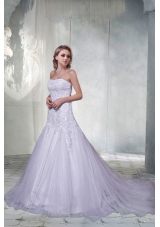 Beautiful A Line Court Train Appliques Wedding Dresses with Strapless