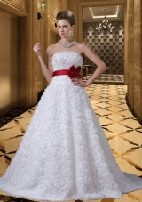 Beautiful Strapless Sashes Brush Train Rolling Flower Wedding Dresses