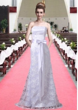 Column Strapless Wedding Dress with Sash and Brush Train