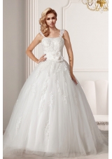 Cute A Line Straps Court Train Wedding Dress with Appliques