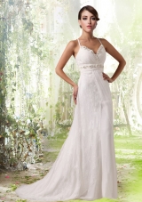 Empire Spaghetti Straps Lace Beading Cheap Wedding Dress with Criss Cross