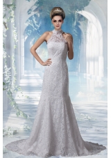 Gorgeous Mermaid Halter Top Lace Court Train Wedding Dress