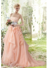 Peach Princess Court Train Strapless Ruffles Wedding Dresses