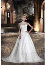 A Line Halter Lace Beading Wedding Dress with Chapel Train