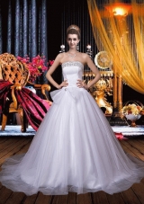 Cute A Line Strapless Chapel Train Beading Wedding Dress with Beading