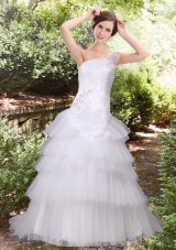 Discount A Line Court Train Beading Wedding Dress with One Shoulder