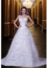 Fashionable A Line One Shoulder Court Train Appliques Wedding Gowns
