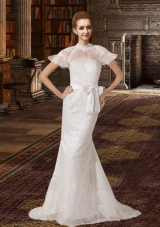Fashionable Column Brush Train Lace Wedding Dresses with High Neck