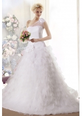 Hand Made Flowers Princess Chapel Train Wedding Dresses