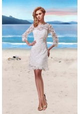 Lace Scoop Short Beach Wedding Dresses in White with 3/4 Sleeves