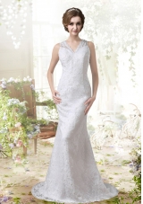 Mermaid V Neck Sweep 2015 Lace Wedding Dress
