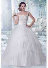 Puffy Court Train Square Embroidery 2014 Wedding Dress with Cap Sleeves