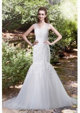 Sexy Mermaid Brush Train Lace Wedding Dress with V Neck