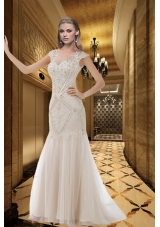 White Scoop Cap Sleeves Beading Wedding Dresses with Brush Train