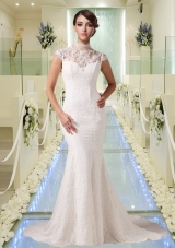 2015 Elegant Mermaid High Neck Lace Wedding Dress with Short Sleeves