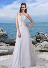 A Line One Shoulder Court Train Wedding Dress with Appliques