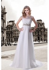 Bateau Empire Beading Wedding Dress with Brush Train