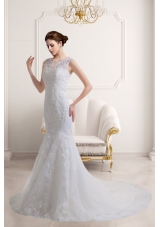 Elegant Mermaid V Neck Zipper Up Lace Wedding Dress with Court Train