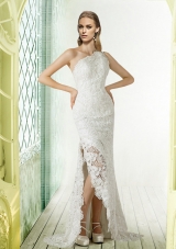 Lace One Shoulder Brush Train Column Wedding Dress for 2015