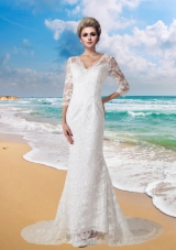 Mermaid V Neck Half Sleeves Wedding Dress with Brush Train