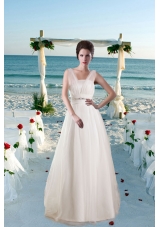 Modest Princess Brush Train Beading Wedding Dresses with V Neck