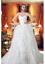 Princess Sweetheart Chapel Train Beading Unique Wedding Dress with Ruffles