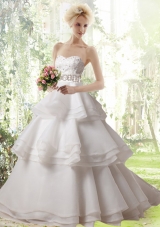 Romantic A Line Brush Train Ruffled Layers and Beading Wedding Dresses with Strapless