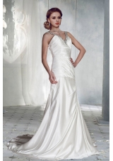 Simple V Neck Brush Train Wedding Dresses with Beading