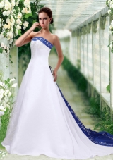 Sophisticated Strapless A Line Court Train Wedding Dress with Embroidery