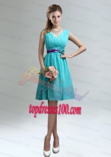Elegant V-neck Ruched Bridesmaid Dress with Belt for Sale