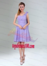 Gorgeous Mini Length Lavender Bridesmaid Dress with Ruching and Handmade Flower