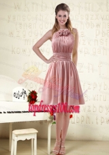 Halter Ruching and Handmade Flowers Empire Chiffon Bridesmaide Dresses