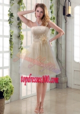 Handmade Flower Strapless Lace Bridesmaid Dress with Mini Length