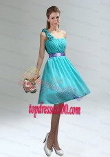 Unique One Shoulder Ruches Teal Bridesmaid Dresses with Belt