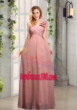 Empire Ruching One Shoulder Bridesmaid Dresses with Hand Made Flowers