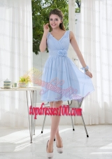 V Neck Chiffon Bridesmaid Dress with Ruching and Hand Made Flowers